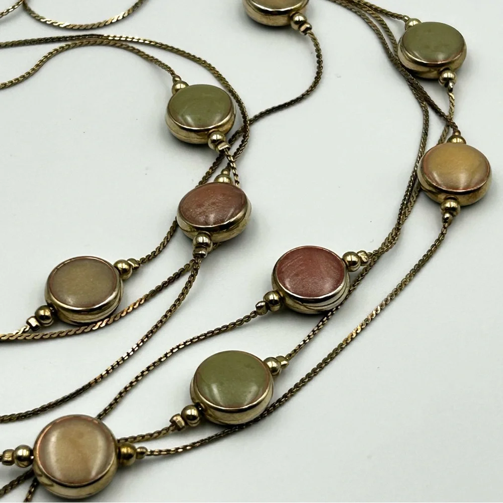 Vintage Multi-Strand Goldtone Necklace Earth Tone Pearlized Colored Beads Boho